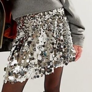 Free People Can’t Get Enough Silver Sequin Mini Skirt - NWOT - Size 8